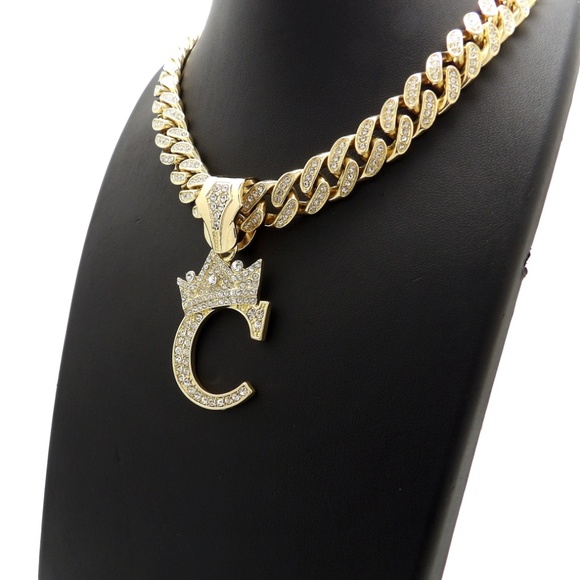 Initial C Pendant & 12mm 18" Full Iced Out Chain - Picture 2 of 6
